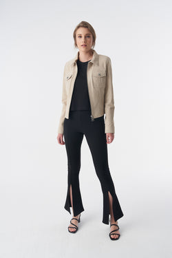 Image of Denim Style Zipper Suede Jacket, Beige