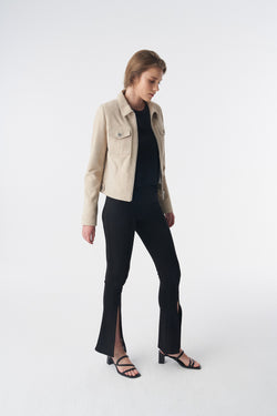 Image of Denim Style Zipper Suede Jacket, Beige