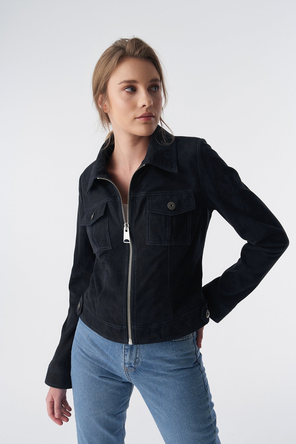 Denim Style Zipper Suede Jacket, Black