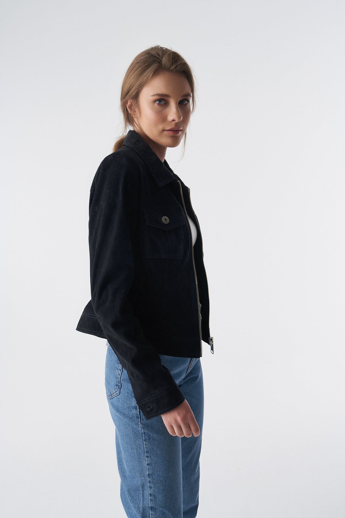 Denim Style Zipper Suede Jacket, Black