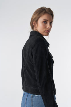 Image of Denim Style Zipper Suede Jacket, Black