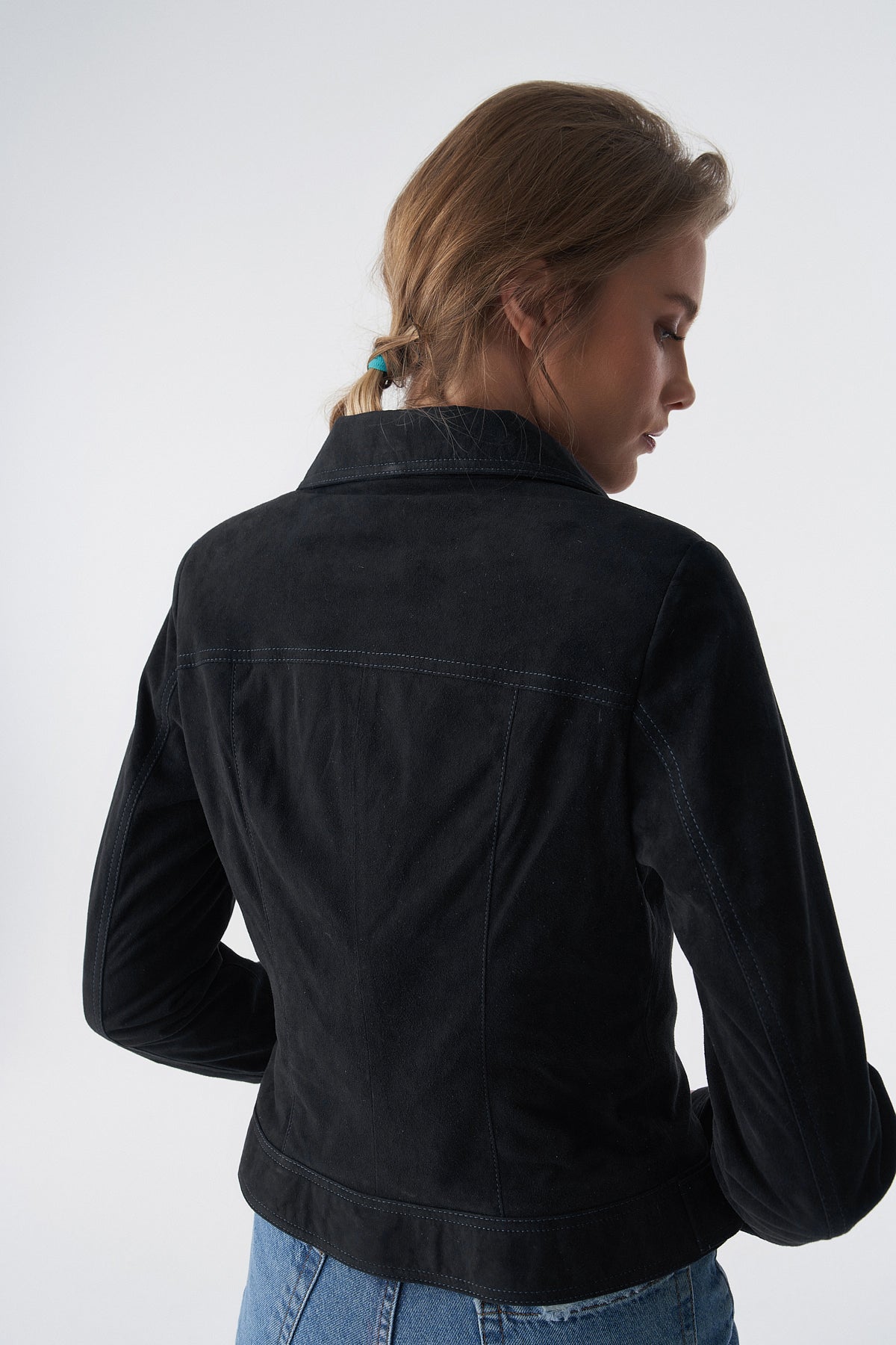 Denim Style Zipper Suede Jacket, Black