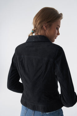 Image of Denim Style Zipper Suede Jacket, Black