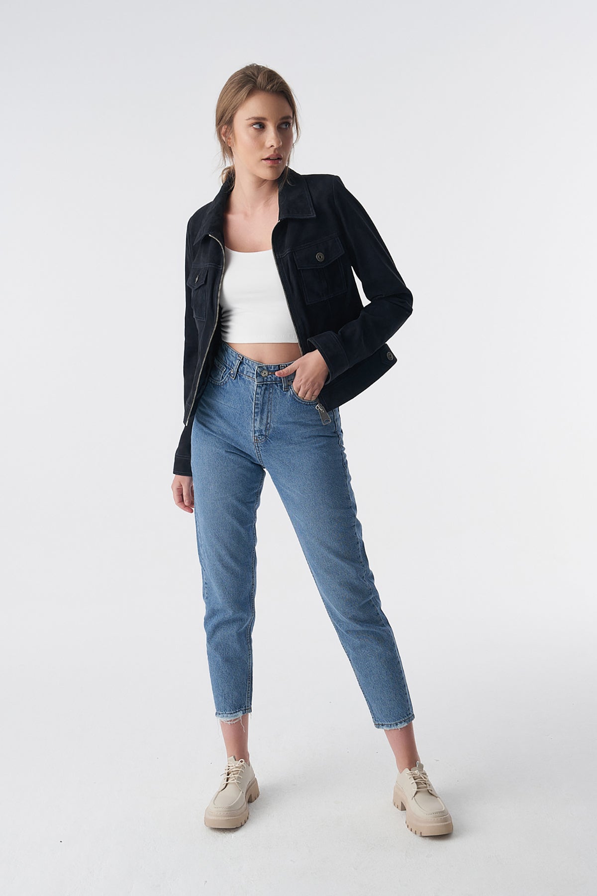 Denim Style Zipper Suede Jacket, Black