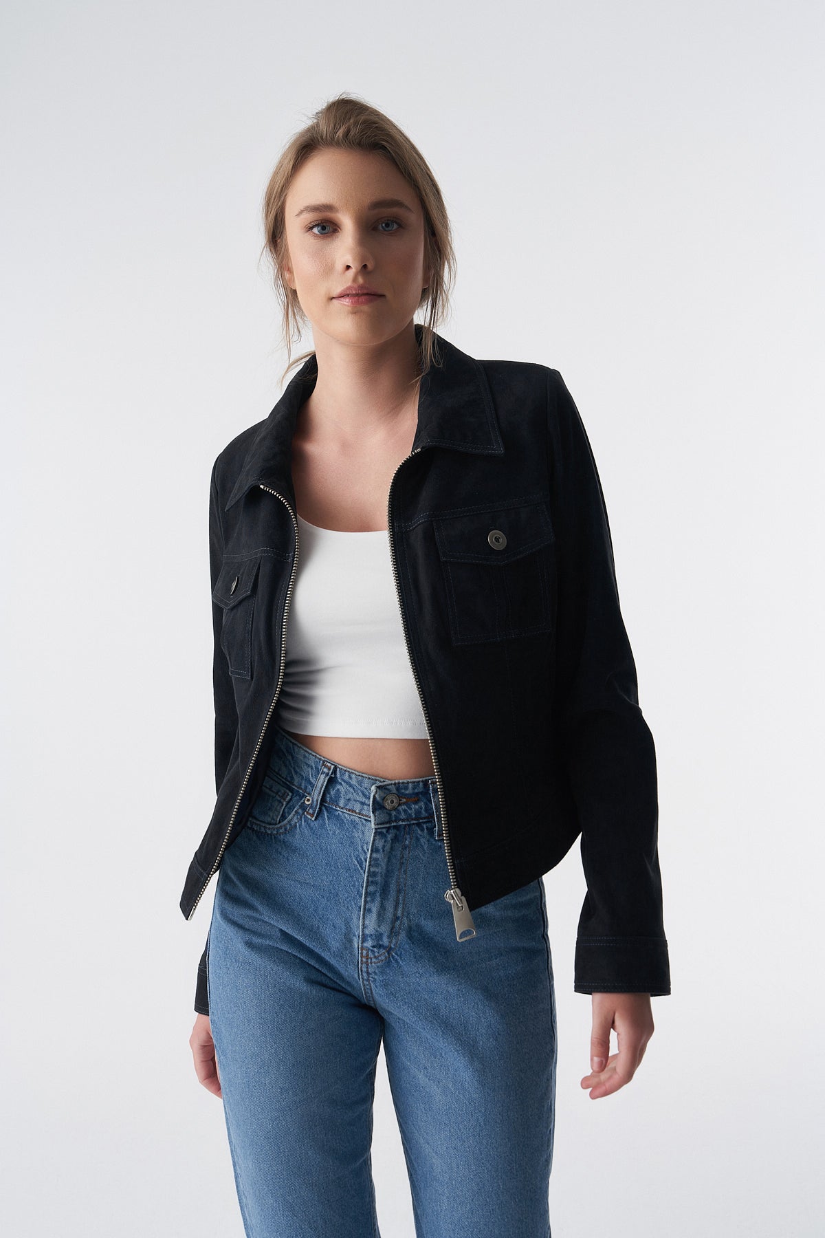 Denim Style Zipper Suede Jacket, Black