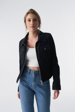 Image of Denim Style Zipper Suede Jacket, Black