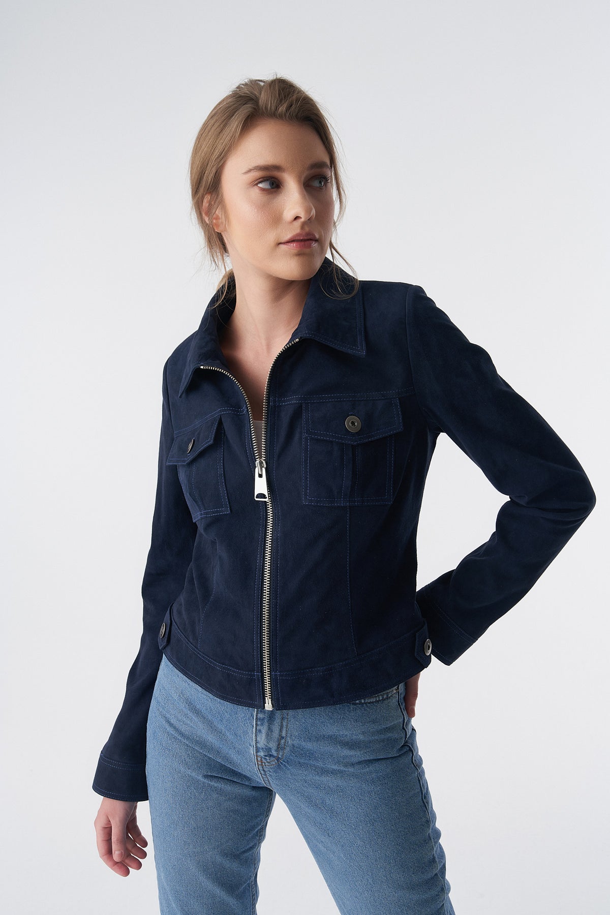 Denim Style Zipper Suede Jacket, Navy