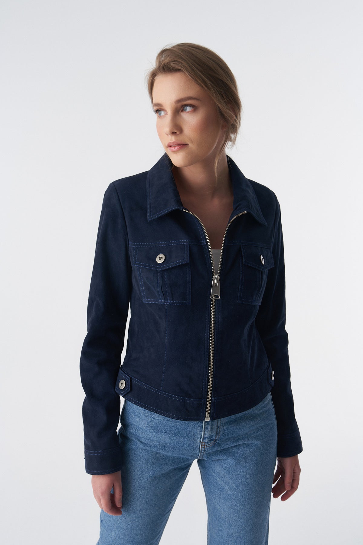 Denim Style Zipper Suede Jacket, Navy