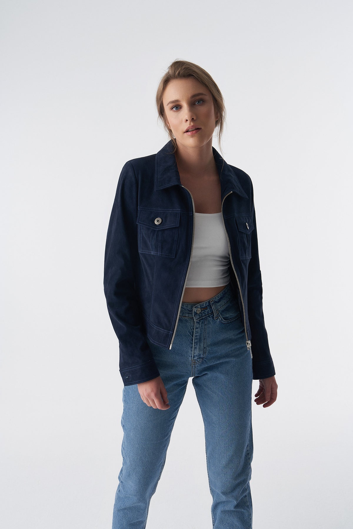 Denim Style Zipper Suede Jacket, Navy