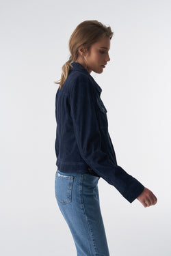 Image of Denim Style Zipper Suede Jacket, Navy