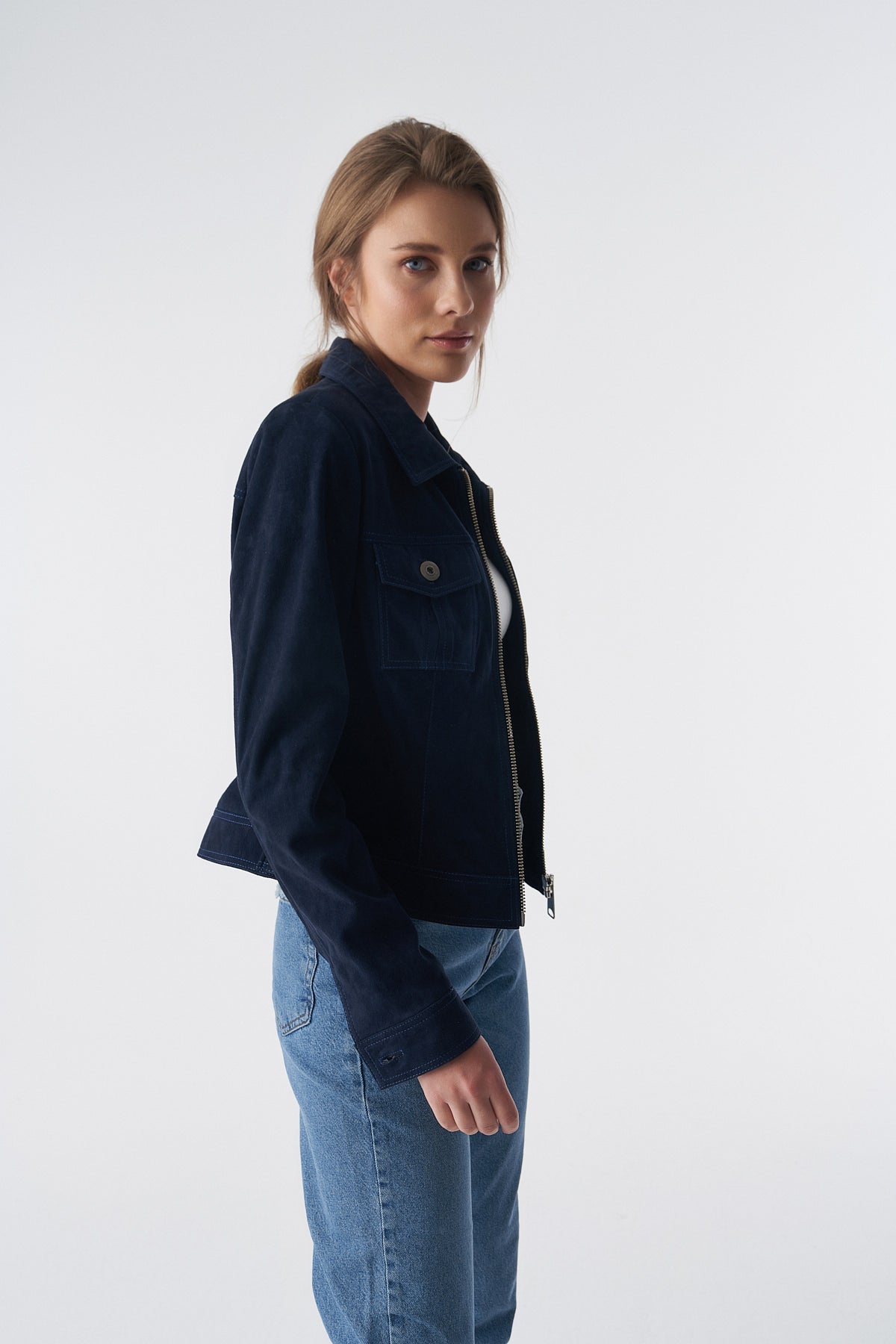 Denim Style Zipper Suede Jacket, Navy