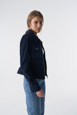 Image of Denim Style Zipper Suede Jacket, Navy