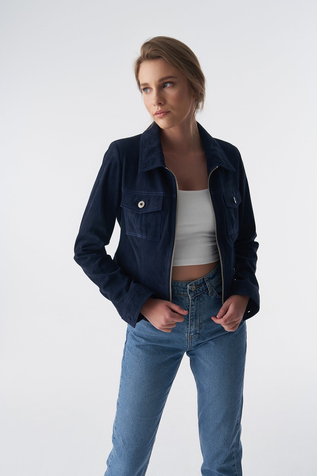 Denim Style Zipper Suede Jacket, Navy