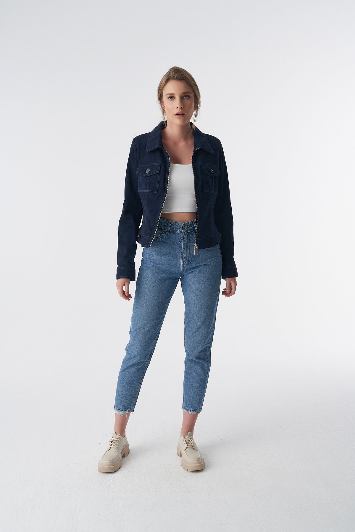 Denim Style Zipper Suede Jacket, Navy