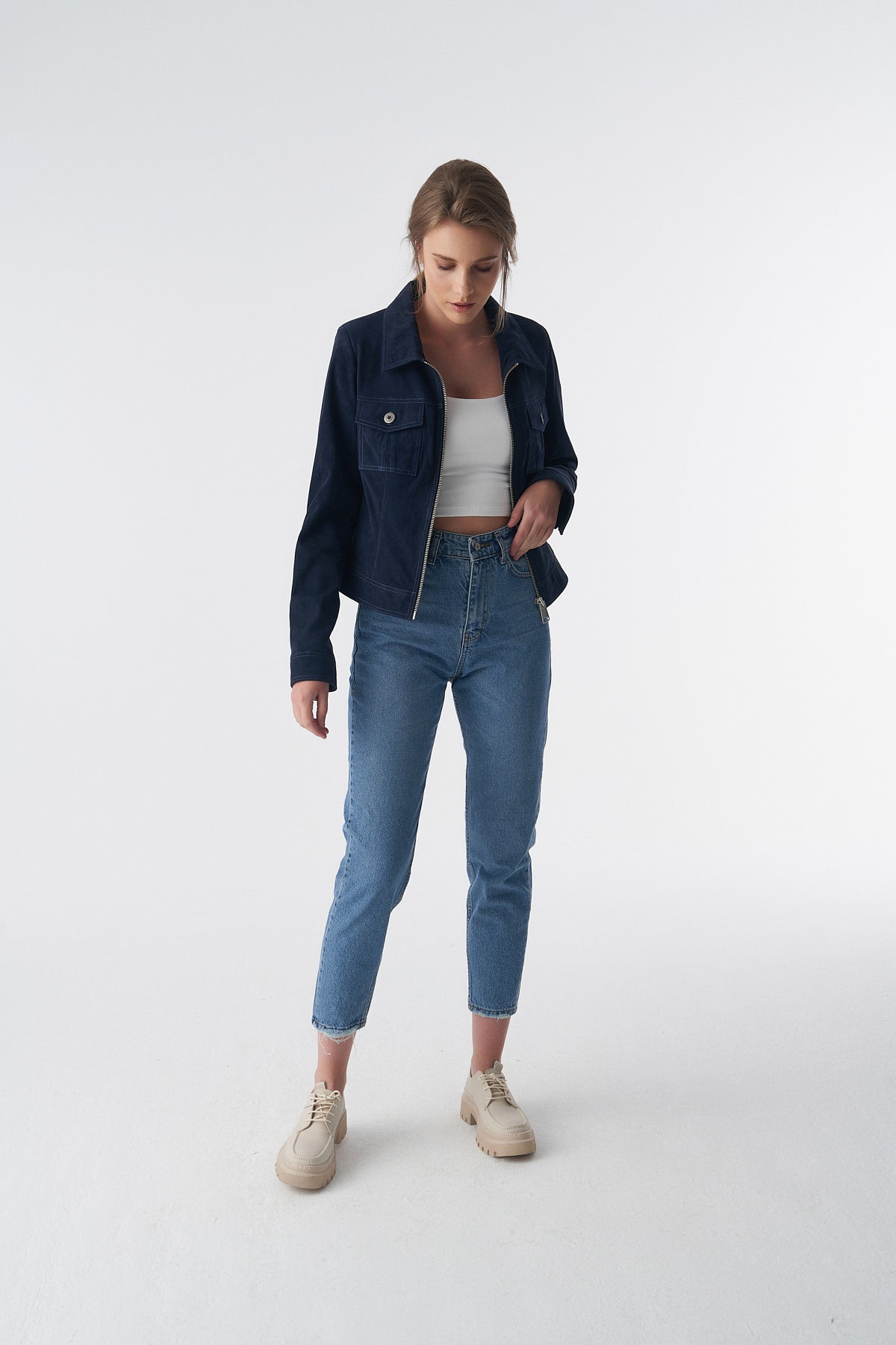 Denim Style Zipper Suede Jacket, Navy