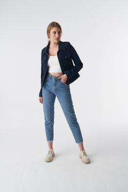 Image of Denim Style Zipper Suede Jacket, Navy