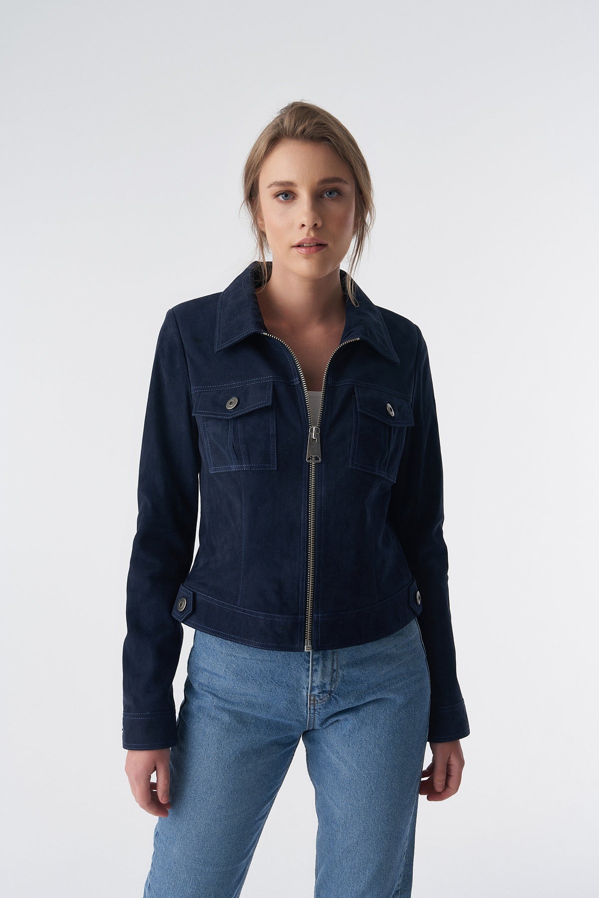 Denim Style Zipper Suede Jacket, Navy