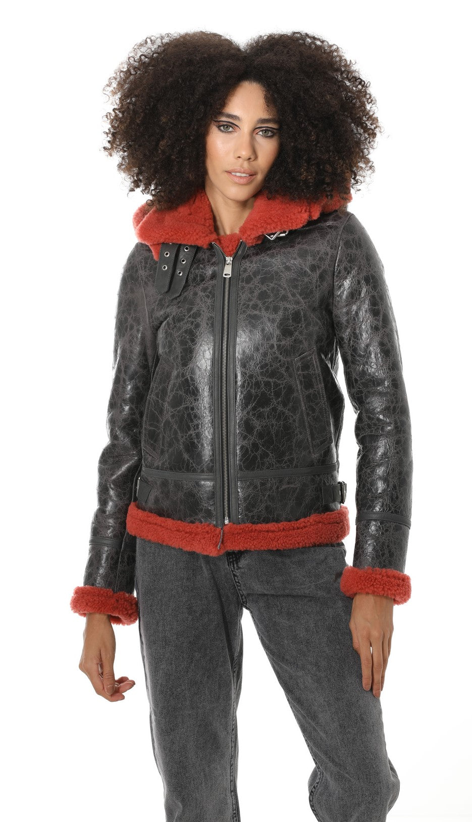 Women's Detachable Hooded Shearling Jacket, Cracked Anthracite with Coral Curly Wool