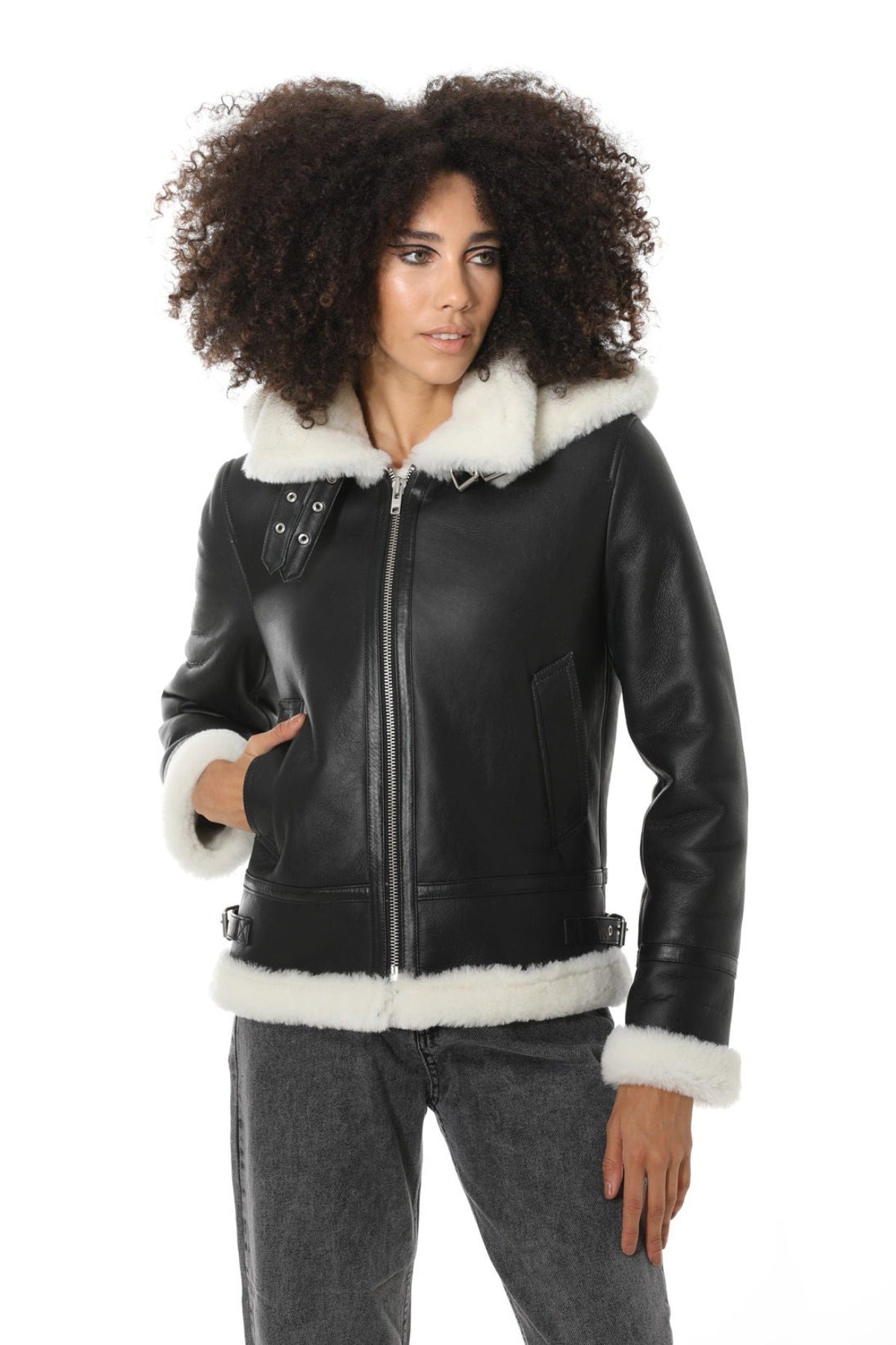 Women's Detachable Hooded Shearling Jacket, Silky Black with White Wool