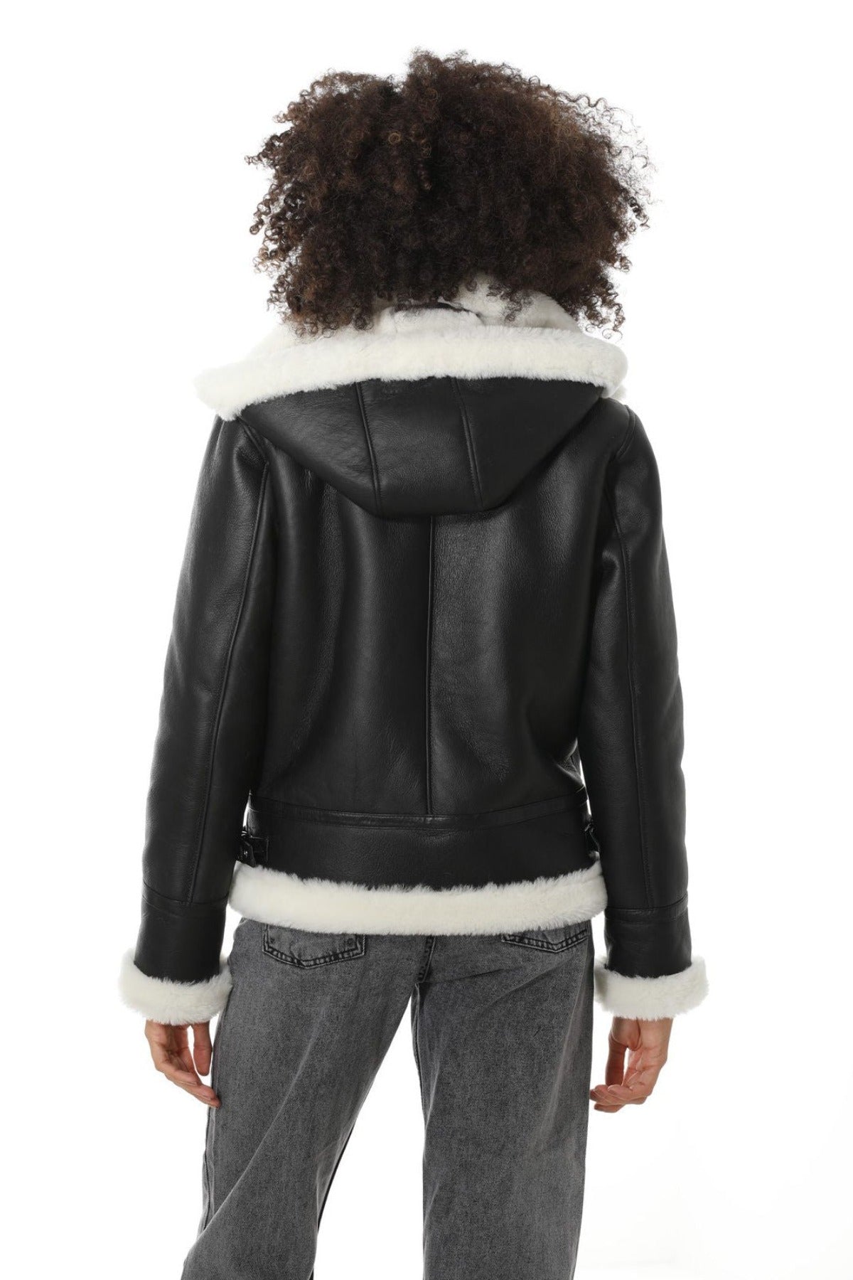 Women's Detachable Hooded Shearling Jacket, Silky Black with White Wool