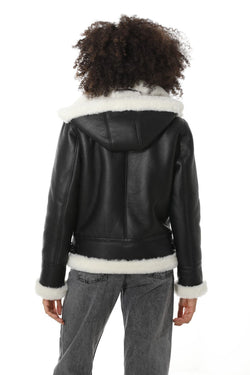 Image of Women's Detachable Hooded Shearling Jacket, Silky Black with White Wool