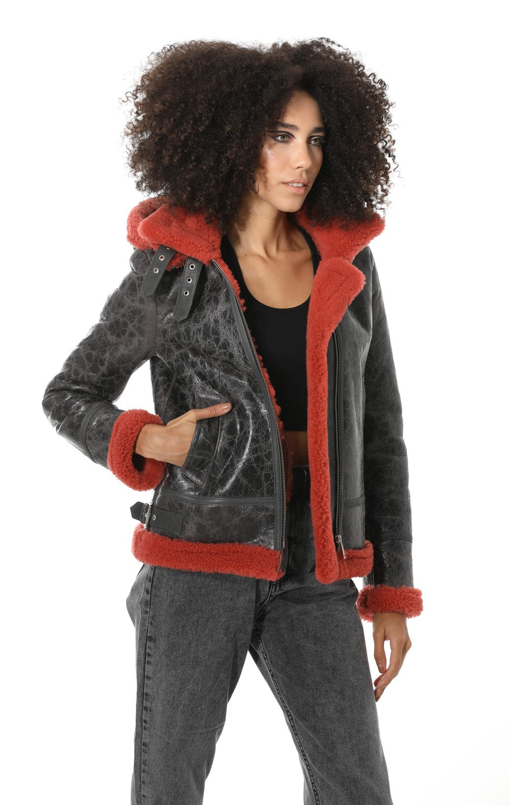 Women's Detachable Hooded Shearling Jacket, Cracked Anthracite with Coral Curly Wool