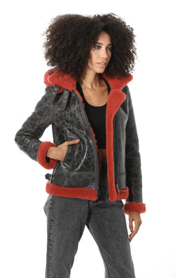 Image of Women's Detachable Hooded Shearling Jacket, Cracked Anthracite with Coral Curly Wool