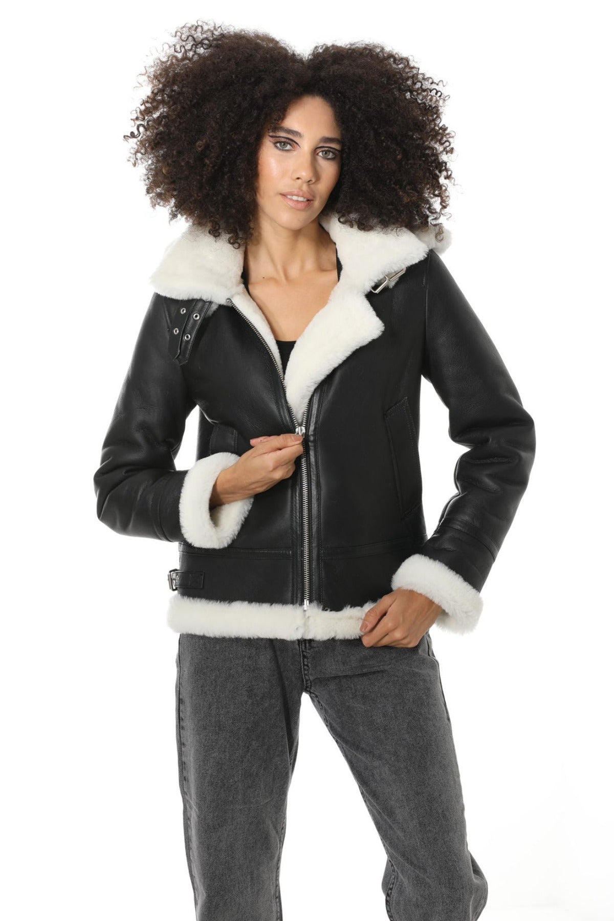 Women's Detachable Hooded Shearling Jacket, Silky Black with White Wool