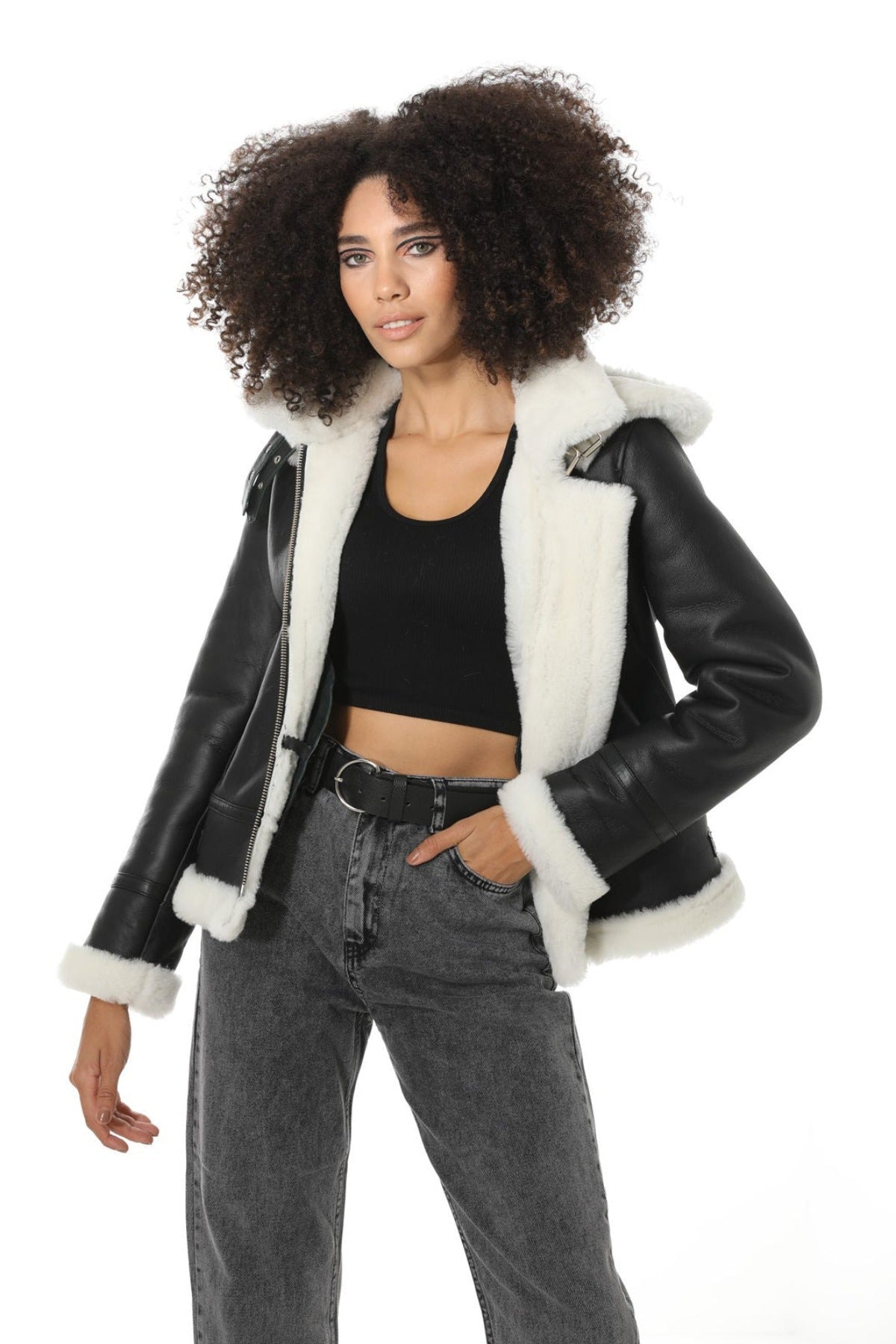 Women's Detachable Hooded Shearling Jacket, Silky Black with White Wool