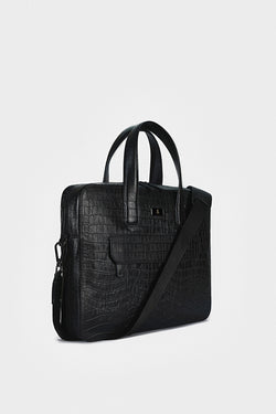 Image of Genuine Leather Laptop Bag & Briefcase with Exterior Pocket, Crocodile Emboss Black