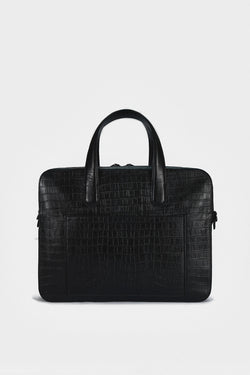 Image of Genuine Leather Laptop Bag & Briefcase with Exterior Pocket, Crocodile Emboss Black