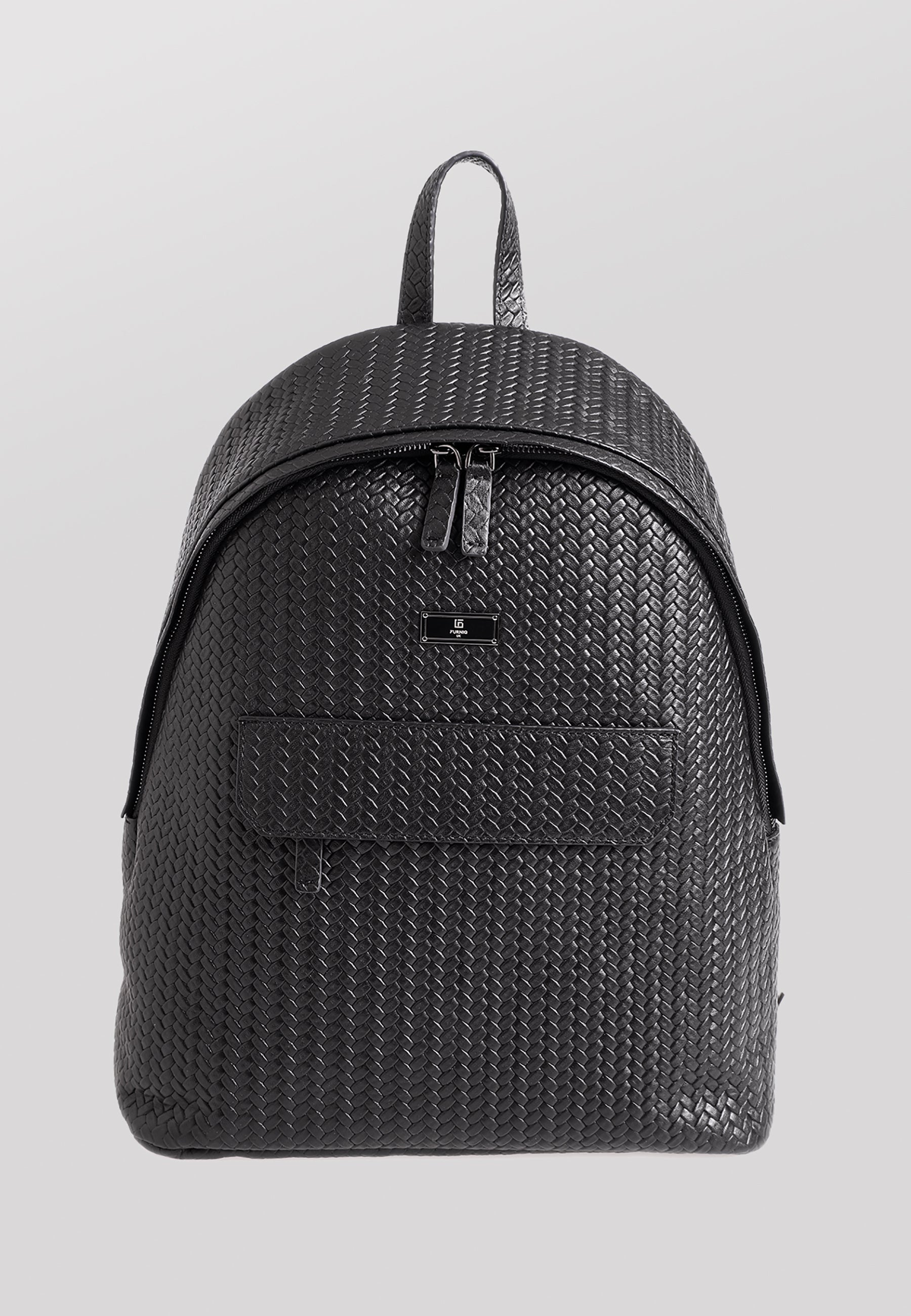 Genuine Leather Backpack, Weave Pattern Black