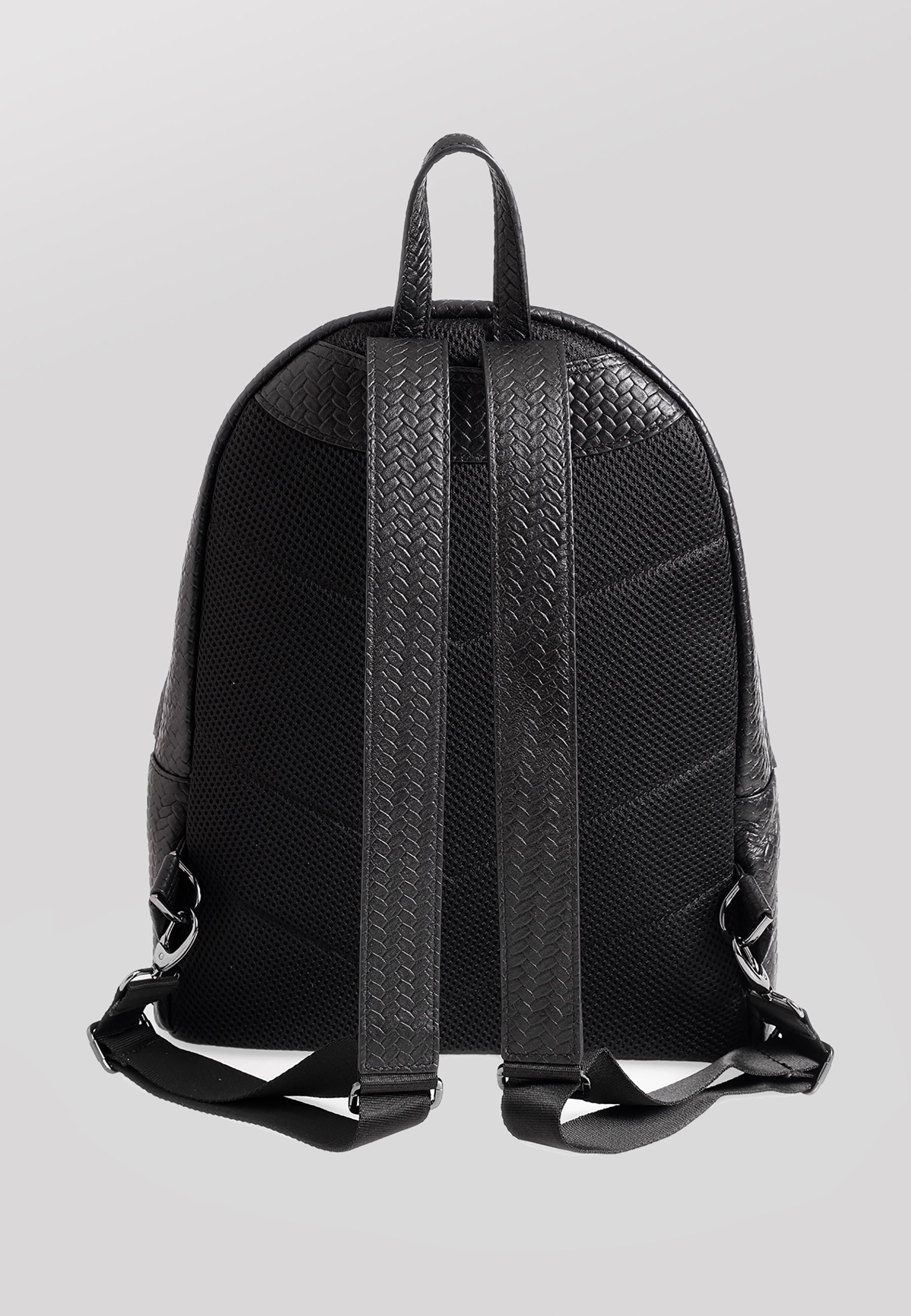 Genuine Leather Backpack, Weave Pattern Black