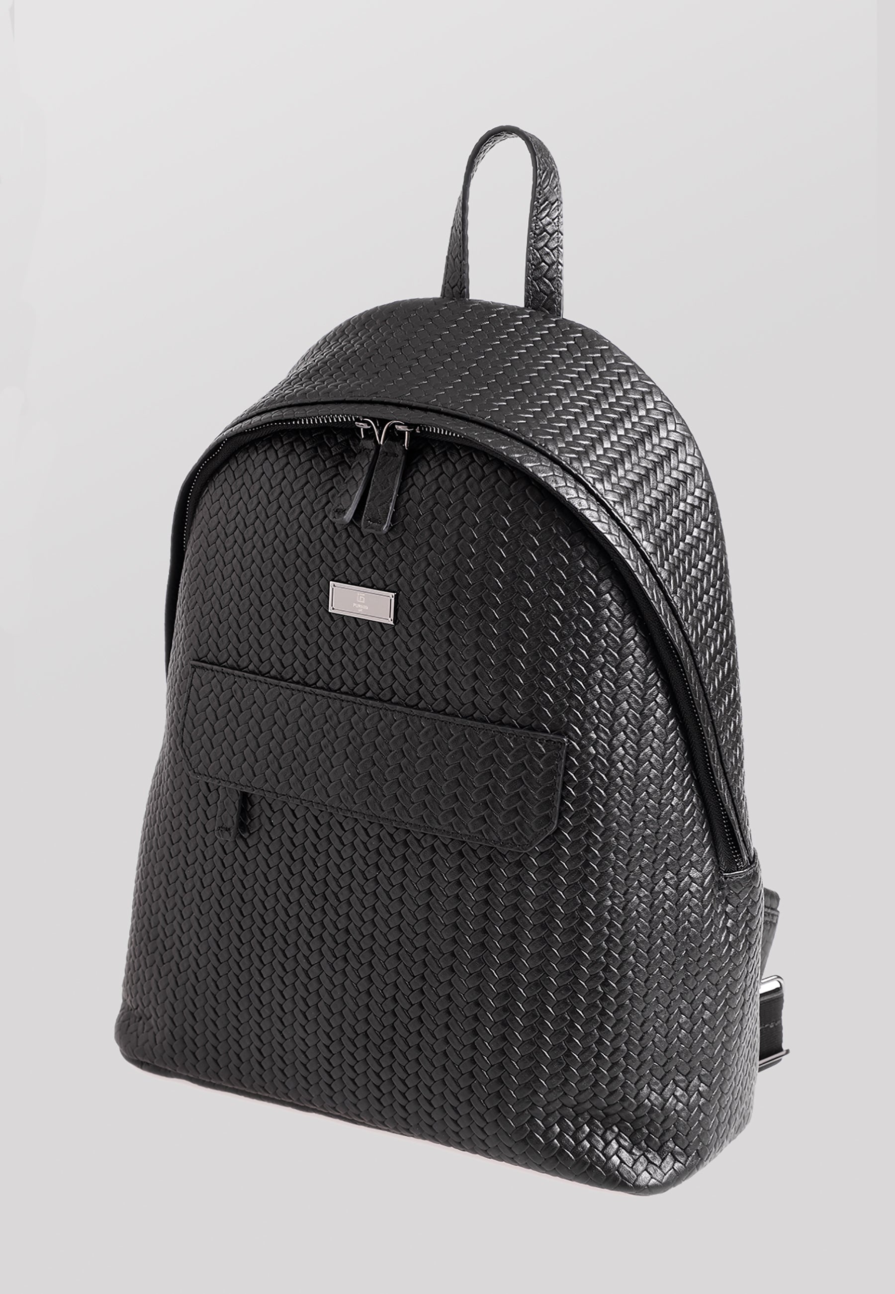 Genuine Leather Backpack, Weave Pattern Black