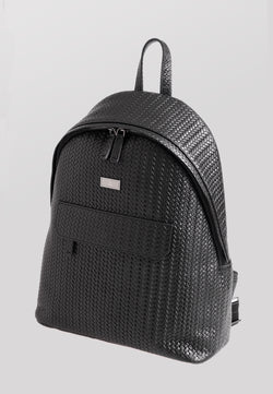 Image of Genuine Leather Backpack, Weave Pattern Black