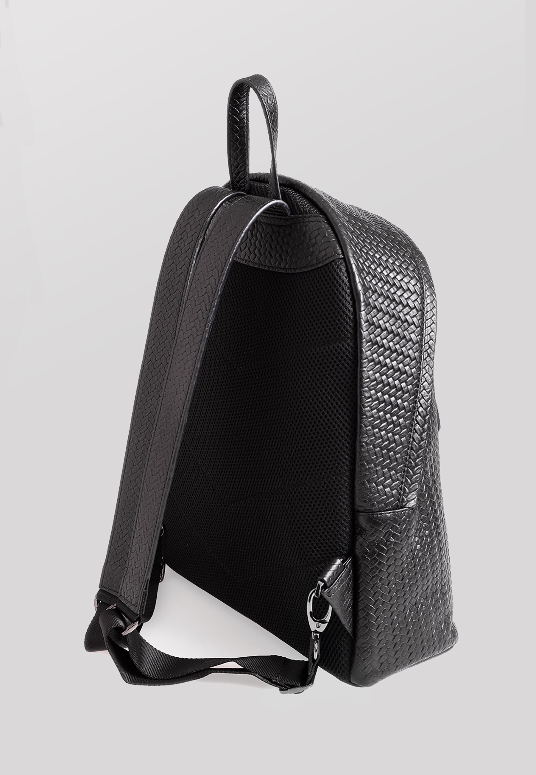 Genuine Leather Backpack, Weave Pattern Black