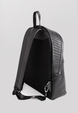 Image of Genuine Leather Backpack, Weave Pattern Black