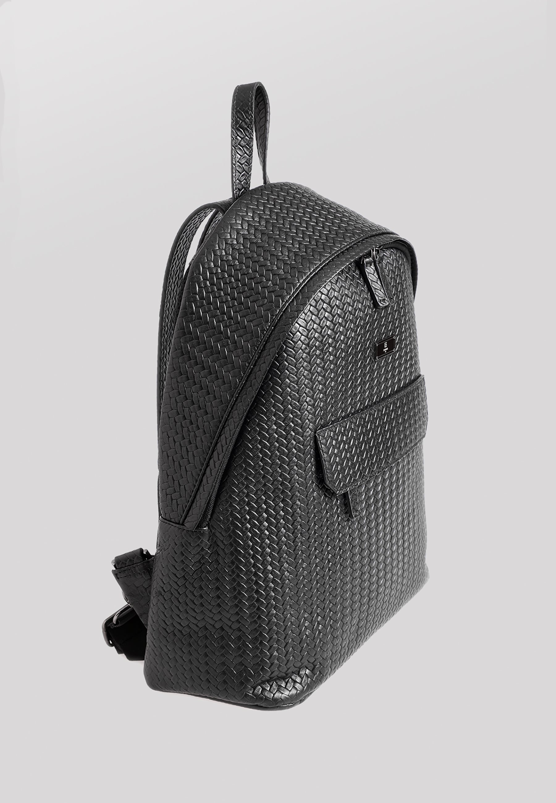 Genuine Leather Backpack, Weave Pattern Black