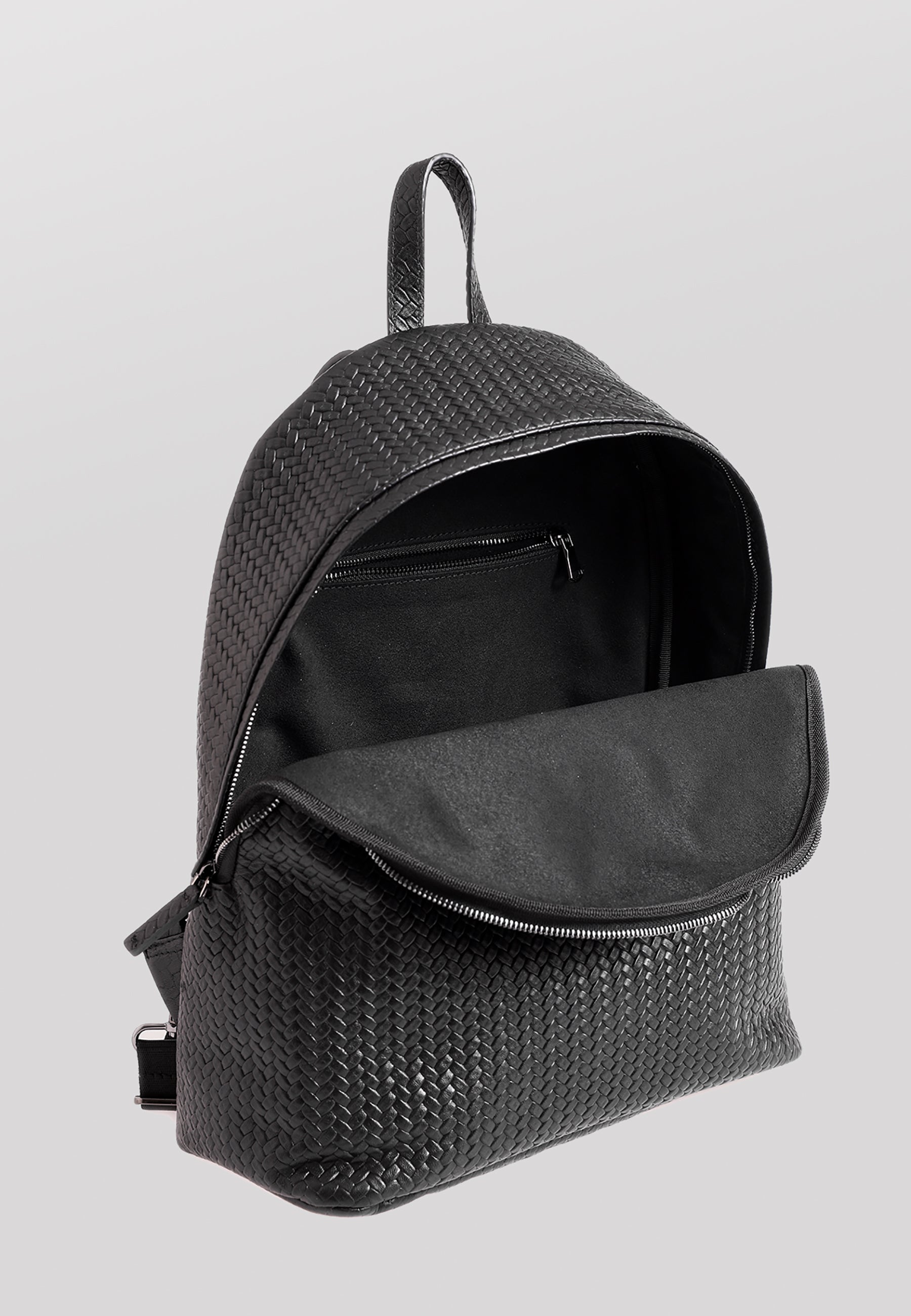 Genuine Leather Backpack, Weave Pattern Black