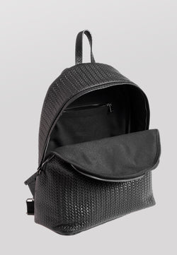 Image of Genuine Leather Backpack, Weave Pattern Black