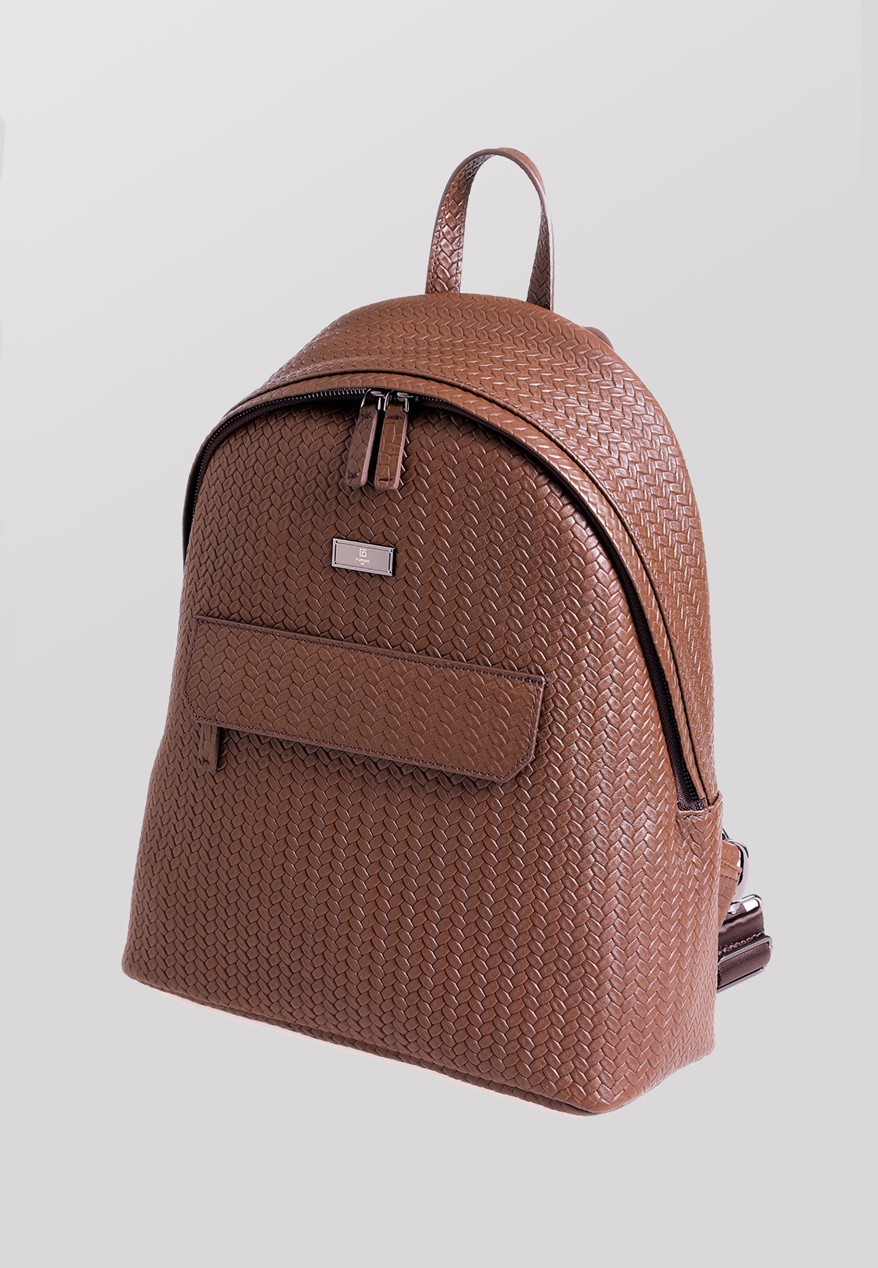 Genuine Leather Backpack, Weave Pattern Brown