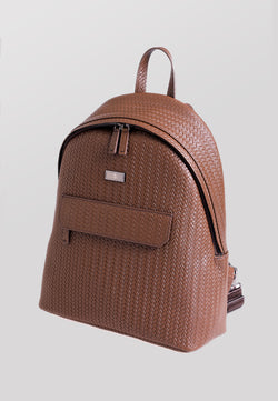 Image of Genuine Leather Backpack, Weave Pattern Brown