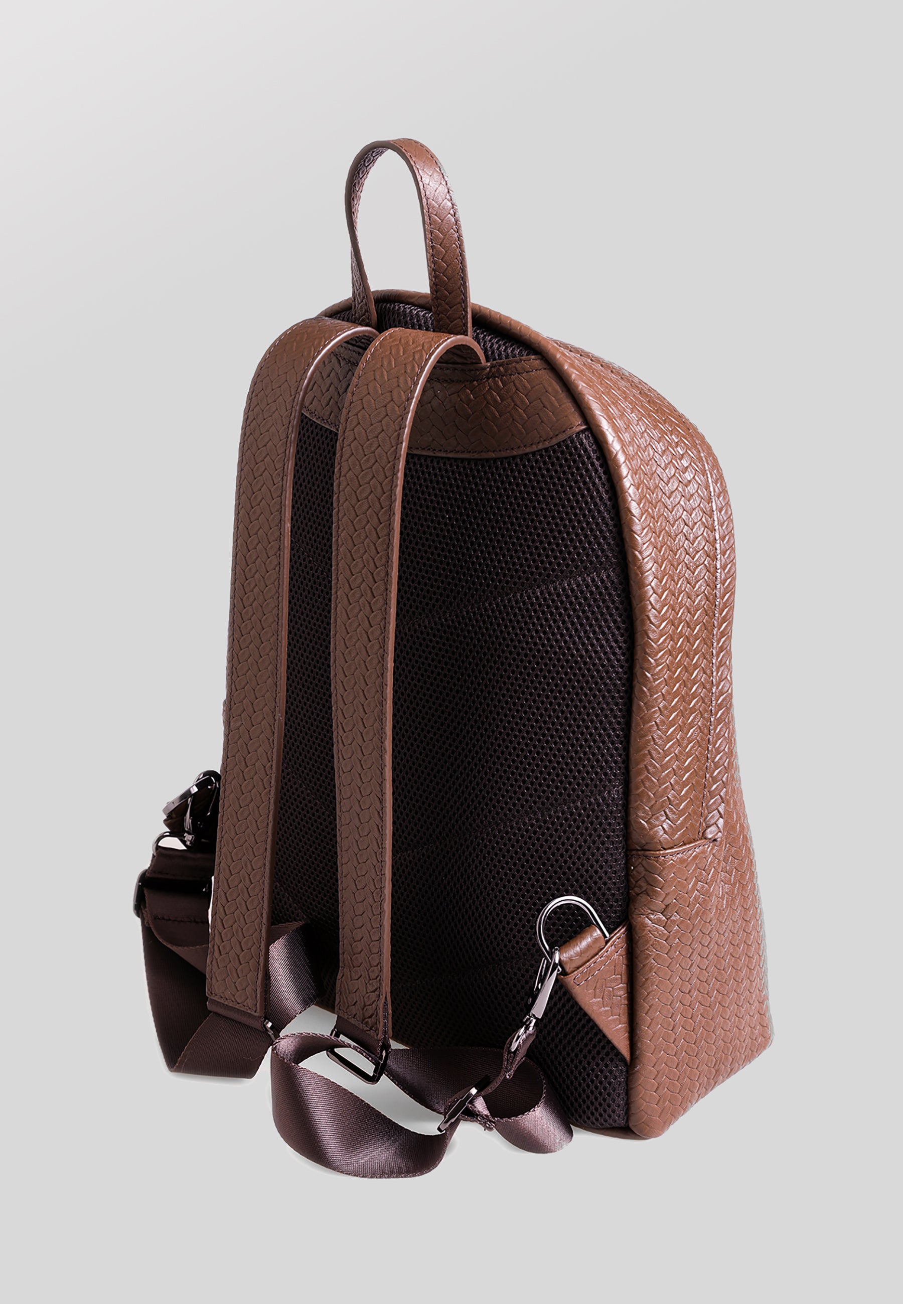 Genuine Leather Backpack, Weave Pattern Brown