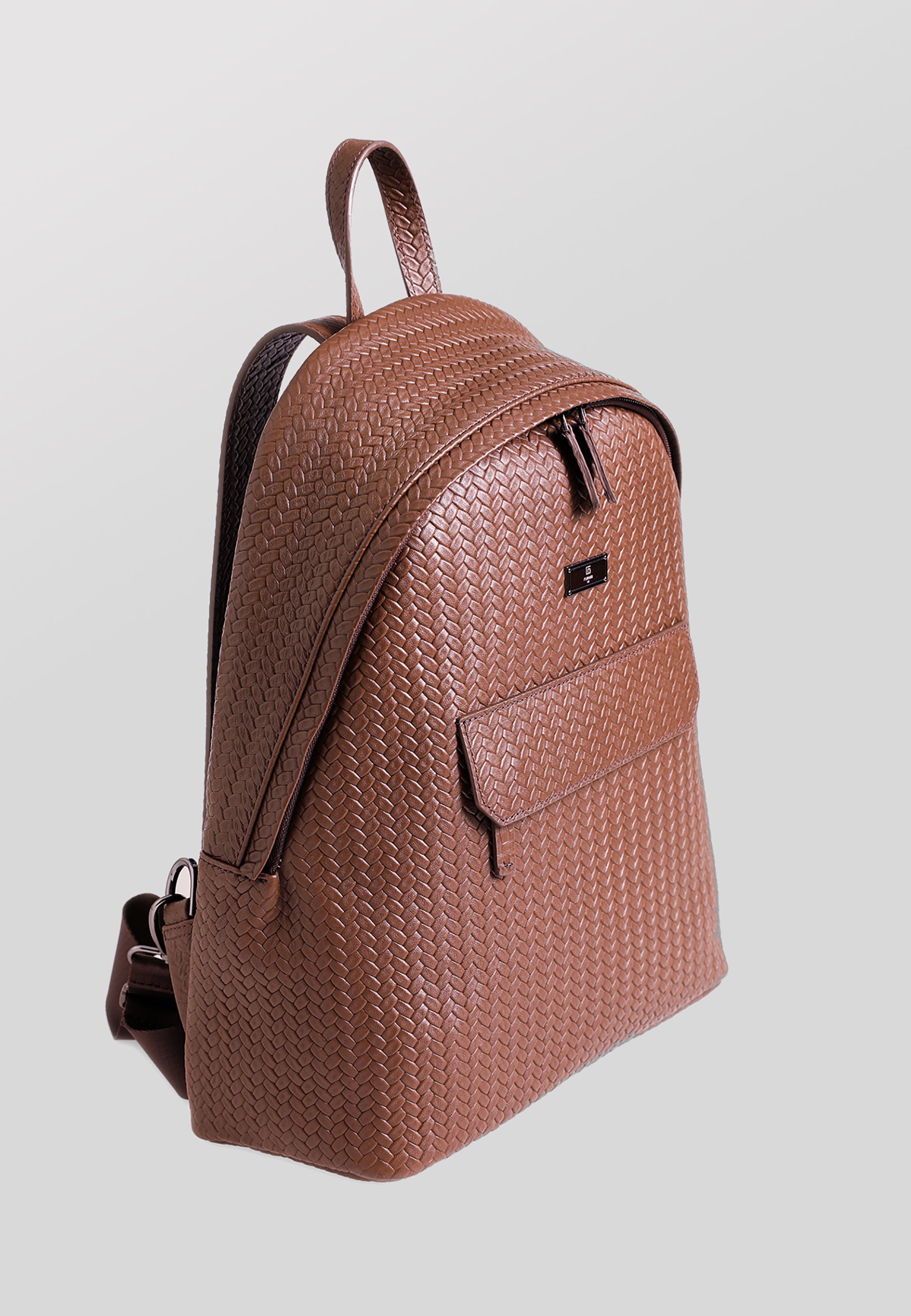 Genuine Leather Backpack, Weave Pattern Brown