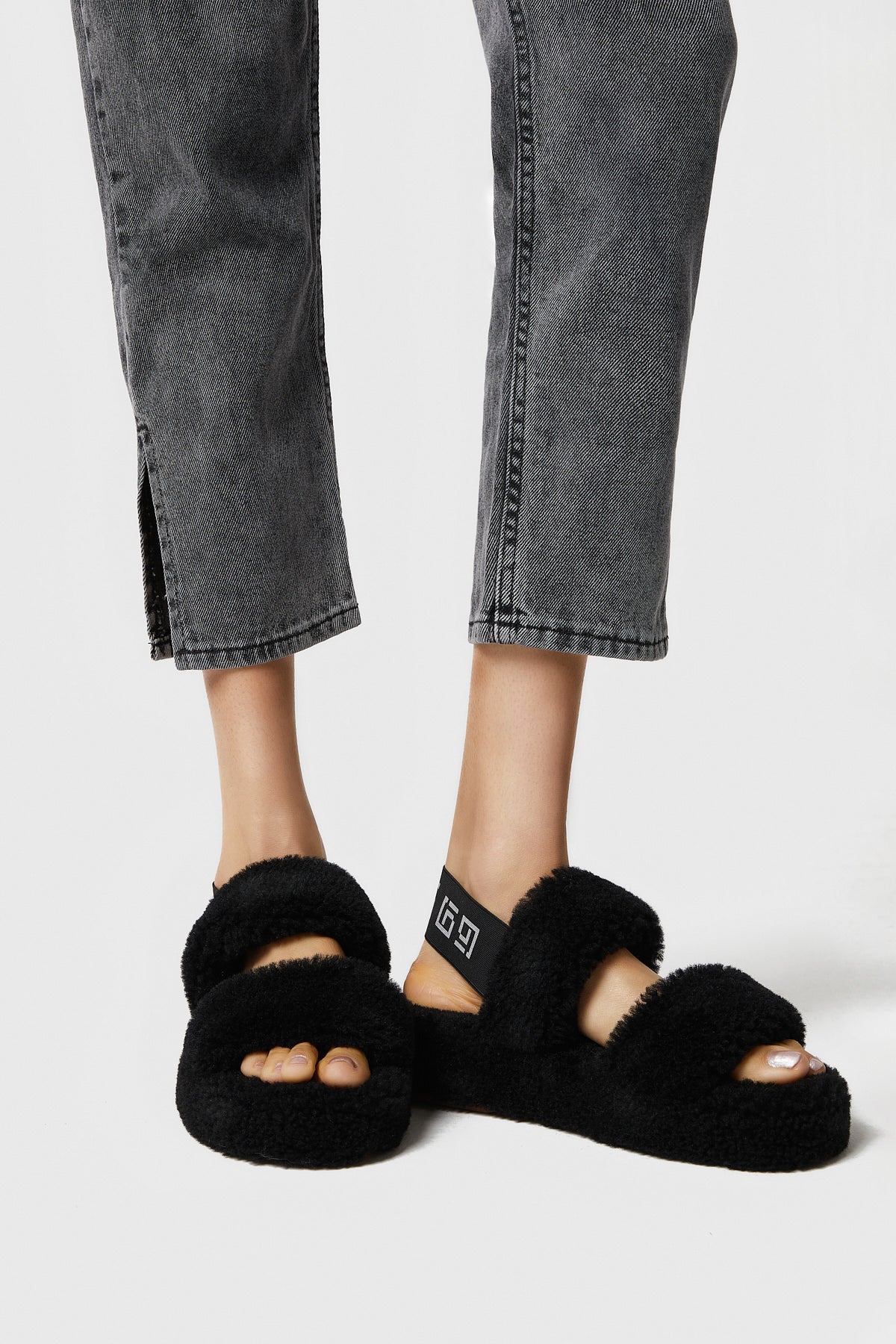 Women's Shearling Double Stripe Slides, Black Curly Wool