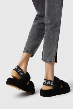 Image of Women's Shearling Double Stripe Slides, Black Curly Wool