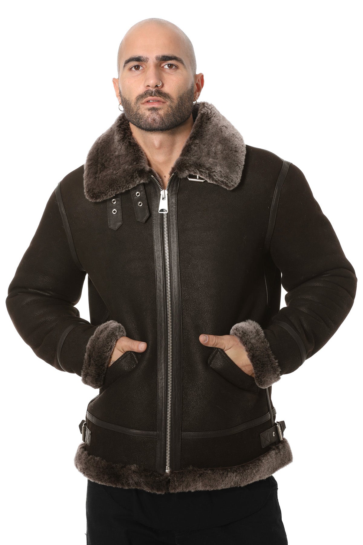 Men's Shearling Aviator Jacket, Washed Brown with Brissa Wool