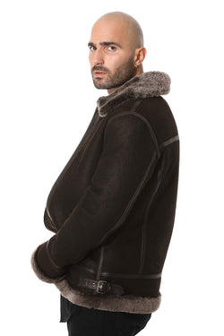 Image of Men's Shearling Aviator Jacket, Washed Brown with Brissa Wool