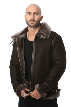 Image of Men's Shearling Aviator Jacket, Washed Brown with Brissa Wool