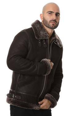 Image of Men's Shearling Aviator Jacket, Washed Brown with Brissa Wool